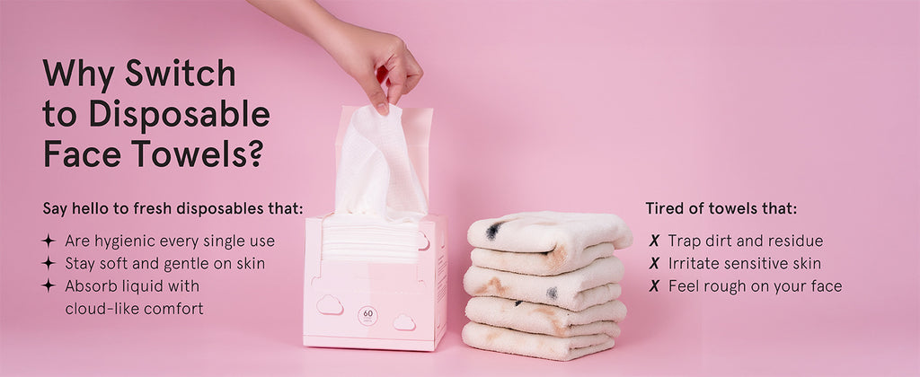A person using a large, durable disposable towel to gently remove makeup during a nighttime routine.