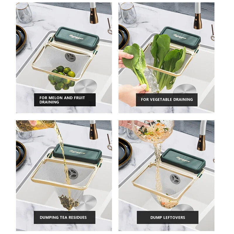 Foldable sink waste catcher draining water while holding food scraps