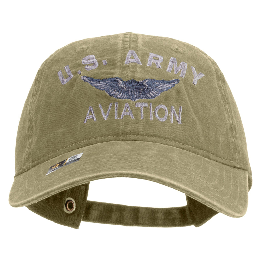 US Army Aviation Embroidered Washed Solid Pigment Dyed Cotton Twill Brass Buckle Cap
