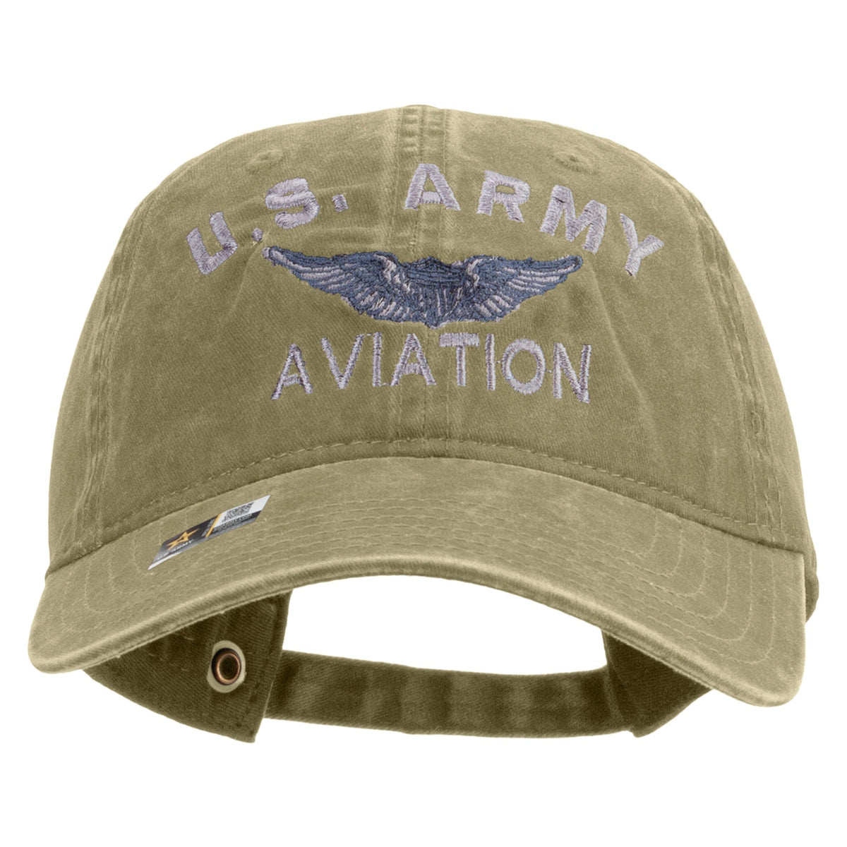 US Army Aviation Embroidered Washed Solid Pigment Dyed Cotton Twill Brass Buckle Cap