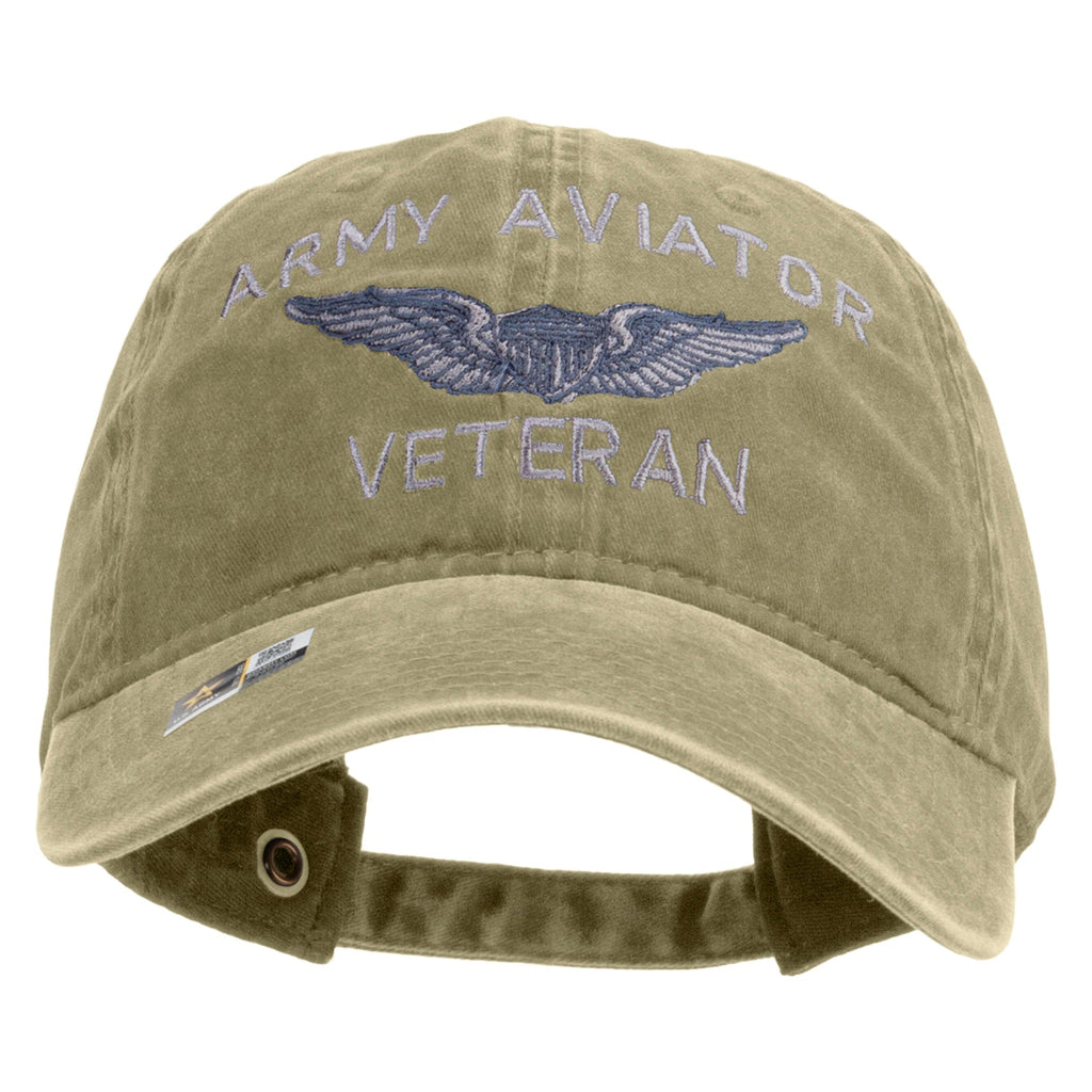 Army Aviator Veteran Embroidered Washed Solid Pigment Dyed Cotton Twill Brass Buckle Cap