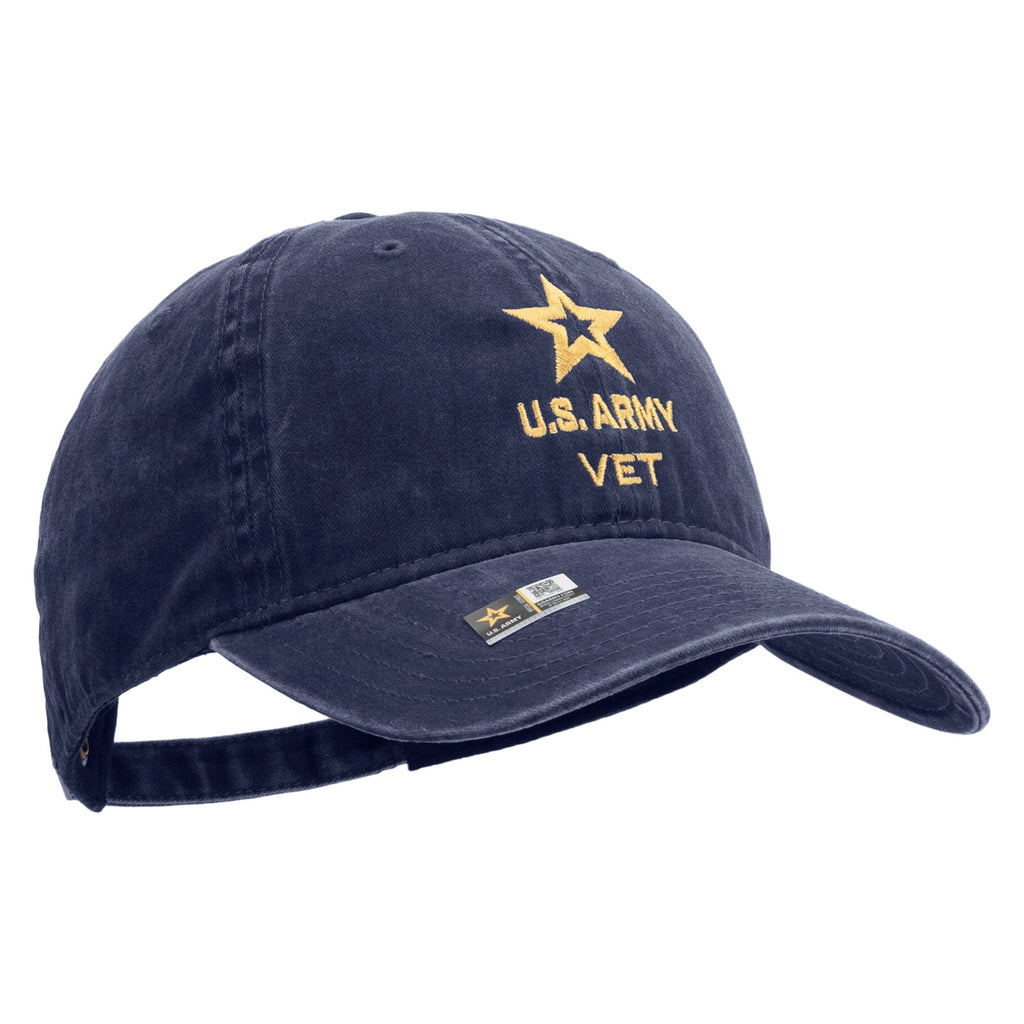 Star US Army Veteran Military Embroidered Washed Solid Pigment Dyed Cotton Twill Brass Buckle Cap