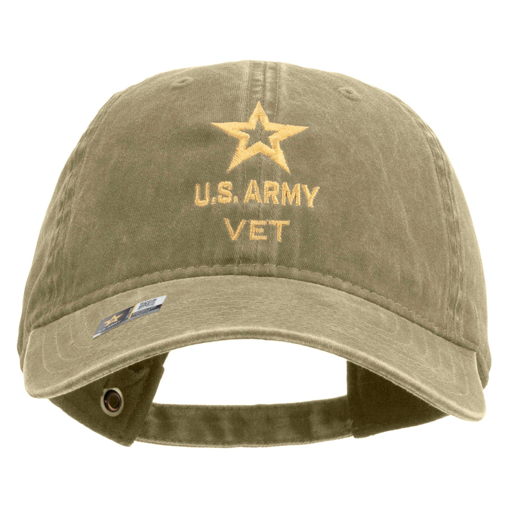 Star US Army Veteran Military Embroidered Washed Solid Pigment Dyed Cotton Twill Brass Buckle Cap