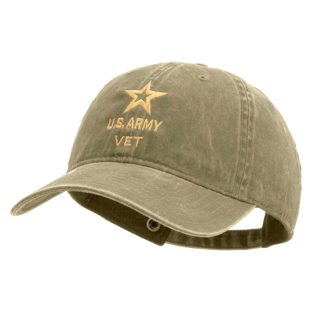 Star US Army Veteran Military Embroidered Washed Solid Pigment Dyed Cotton Twill Brass Buckle Cap