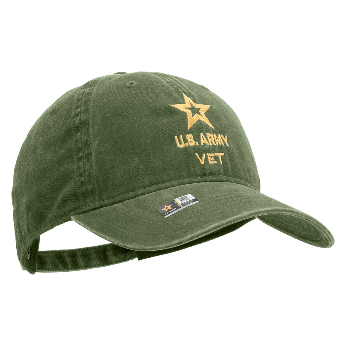 Star US Army Veteran Military Embroidered Washed Solid Pigment Dyed Cotton Twill Brass Buckle Cap